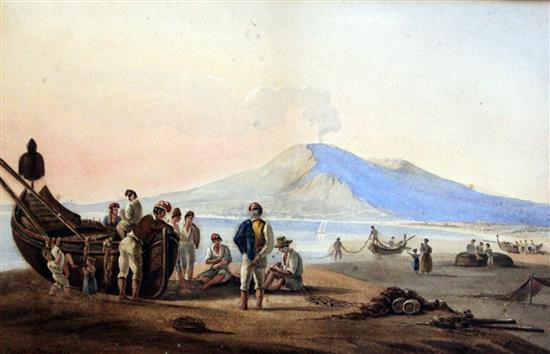 Michelangelo Pacetti (Italian, 1793-1855), watercolour, The Bay of Naples with figures and boats on the shore, signed, dated Roma 1839